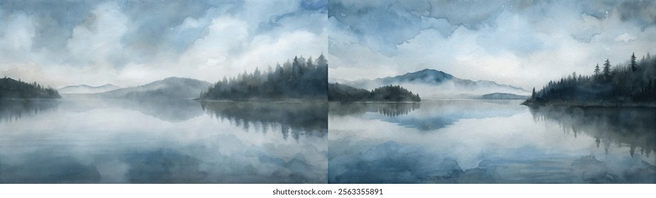 Atmospheric watercolor scene showcasing a foggy lake surrounded by distant mountains and trees.
