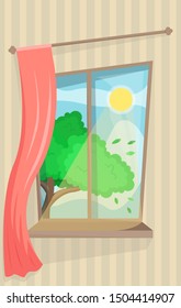 Atmospheric window with a curtain. Cozy view on the sun and tree.