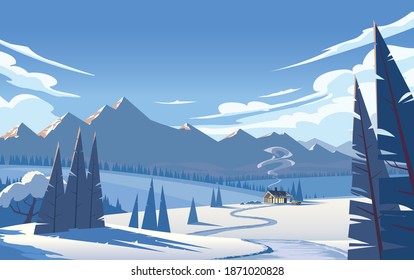 Atmospheric winter landscape in cool colors. Cozy country house in a field, surrounded by trees, against the background of mountains and sky with lush clouds. Vector illustration.