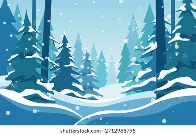 Atmospheric winter vector illustration showing a view inside a deep snowy forest with tall pine trunks and layered trees.