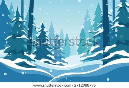 Atmospheric winter vector illustration showing a view inside a deep snowy forest with tall pine trunks and layered trees.