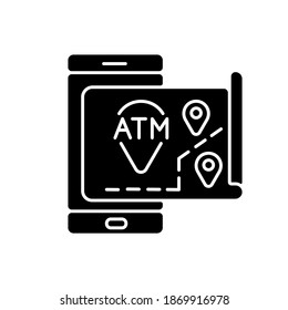 ATMs map black glyph icon. Bank location online searching. Cash machine navigation. ATM near me. Mobile banking app using. Silhouette symbol on white space. Vector isolated illustration