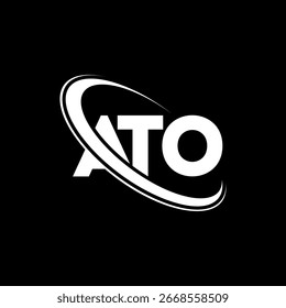 Logotipo ATO. Design do logotipo da letra ATO. Logotipo ATO inicial ligado ao círculo e ao monograma em maiúsculas. ATO tipografia para tecnologia, negócios e marca imobiliária.
