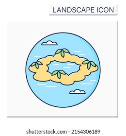 Atoll color icon. Ring-shaped coral reef enclosing lagoon. Island or chain of islands with flora and fauna. Landscape concept.Isolated vector illustration