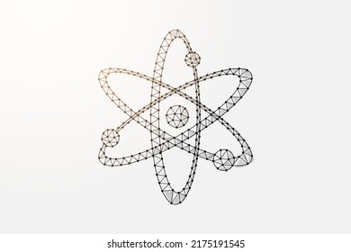 Atom 3d low poly symbol with connected dots. Atomic neutron, nuclear design vector illustration. Model of molecule polygonal wireframe