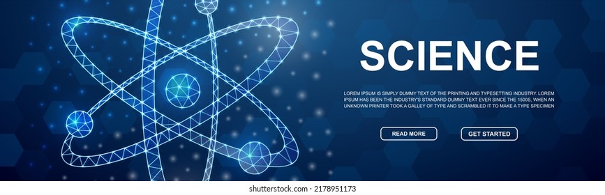Atom 3d low poly symbol for head promotion banner. Atomic neutron design illustration concept. Horizontal polygonal Molecule poster illustration