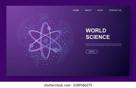 Atom 3d low poly website template. Atomic neutron design illustration concept. Polygonal Molecule symbol for landing page, advertising page.