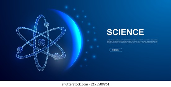 Atom 3d polygonal symbol for website template. Low poly Molecule illustration for promo banner design. Atomic neutron design illustration concept.