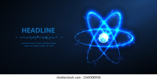 Atom. Abstract 3d phisics molecule atom model isolated on blue. Chemistry science, research atomic power, scientific education concept. Molecular structure, quantum laboratory symbol or icon.