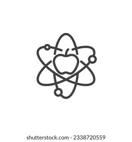 Atom and apple line icon. linear style sign for mobile concept and web design. Apple core molecule outline vector icon. Biotechnology, chemistry symbol, logo illustration. Vector graphics