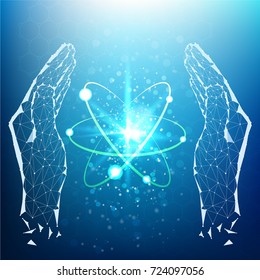 Atom Background with Hands from Geometric Shapes, Circle of Points of Lines. Vector abstract illustration on theme Science, Medicine, Business, Biology and Technology.