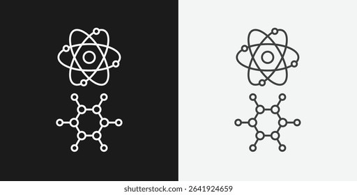Atom and Benzene Ring Molecular Structure on Black and White Backgrounds, Representing Science or Chemistry, White Outline Icons