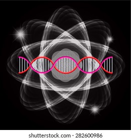 Atom black abstract nuclear structure science background. symbol vector illustration. red pink DNA