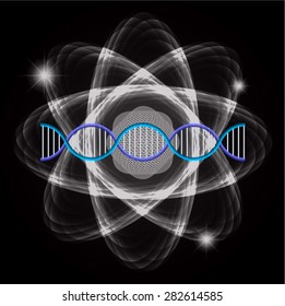 Atom black abstract nuclear structure science background. symbol vector illustration. blue DNA