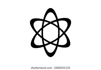 Atom black icon, isolated on white background. Vector illustration.