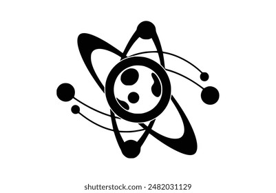 Atom black icon, isolated on white background. Vector illustration.