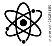 Atom black silhouette icon isolated on white background. Minimal bold science illustration with central nucleus, electron dots, and curved orbital lines for logo, sticker, decal, label, education design, and cutting file design.
