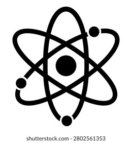 Atom black silhouette icon isolated on white background. Minimal bold science illustration with central nucleus, electron dots, and curved orbital lines for logo, sticker, decal, label, education design, and cutting file design.

