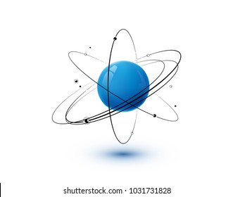 Atom with blue core, orbits and electrons isolated on white background. 3D nuclear chemistry technology concept. Molecule model. Vector illustration