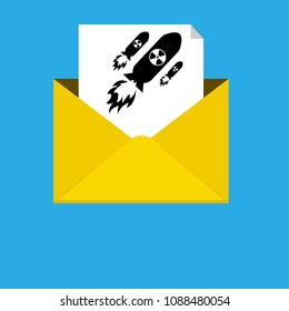 atom bomb icon and envelope with message. Nuklear war symbol.Vector illustration