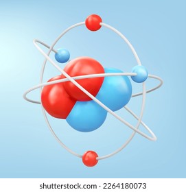Atom, Nahaufnahme. Realistische 3D-Vektorgrafik mit dem Effekt niedriger Feldtiefe. isolierter blauer Hintergrund