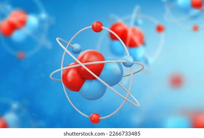 Atom se acerca. Vector 3d realista con efecto de baja profundidad de campo. fondo azul aislado