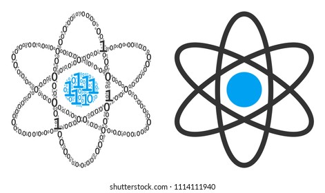 Atom collage icon of one and zero digits in different sizes. Vector digital symbols are united into atom collage design concept.