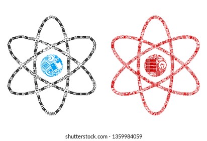 Atom collage icons created for bigdata purposes. Vector atom mosaics are united from computer, calculator, connections, wi-fi, network icons into abstract compositions. Usual and red colors.