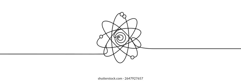 Átomo contínuo um desenho de linha. prótons, nêutrons, elétrons, valor central. Ilustração vetorial.