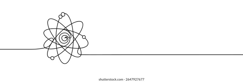 Átomo contínuo um desenho de linha. prótons, nêutrons, elétrons, valor central. Ilustração vetorial.