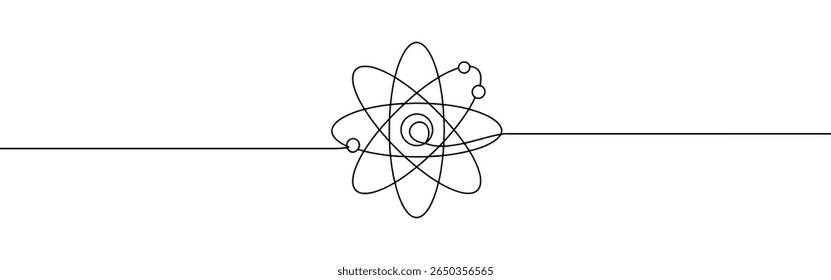 Átomo contínuo um desenho de linha. prótons, nêutrons, elétrons, valor central. Ilustração vetorial.