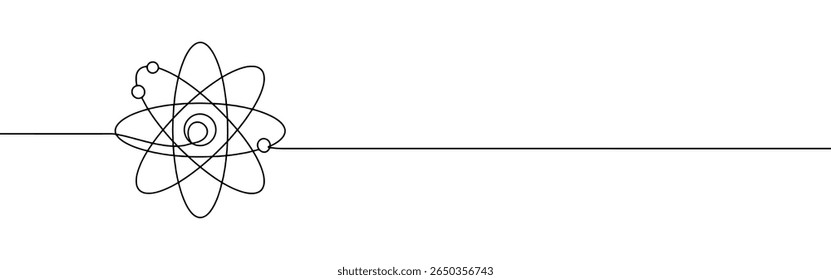 Átomo contínuo um desenho de linha. prótons, nêutrons, elétrons, valor central. Ilustração vetorial.