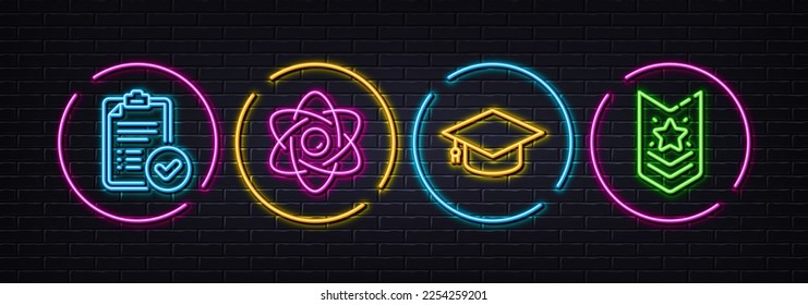 Atom core, Graduation cap and Approved report minimal line icons. Neon laser 3d lights. Shoulder strap icons. For web, application, printing. Nuclear power, University, Verification document. Vector