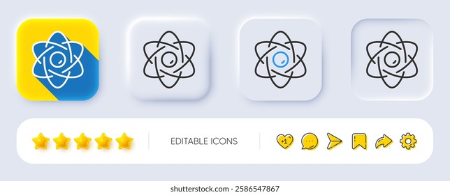 Atom core line icon. Neumorphic, Flat shadow, 3d buttons. Nuclear power sign. Nucleus energy symbol. Line atom core icon. Social media icons. Vector