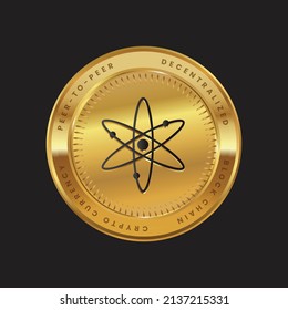 ATOM Kryptowährung Logo in schwarzem Farbkonzept auf Goldmünze. Cosmos Coin Blockchain Technologie Symbol. Vektorgrafik.