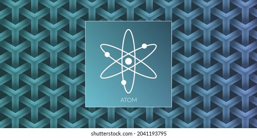Atom cryptocurrency logo isolated on colorful volumetric pattern background.