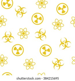 Atom Danger Seamless vector repeatable pattern. Style is flat symbols on a white background.