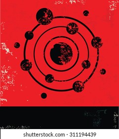 Atom design on red background, grunge vector