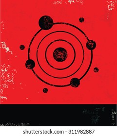 Atom design on red background, grunge vector