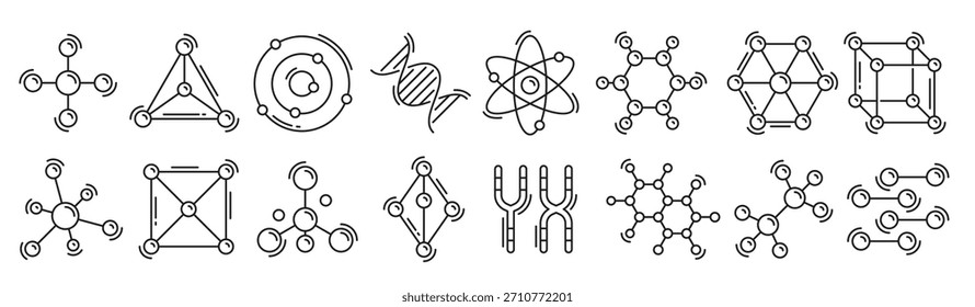 Ícones de contorno de átomos, DNA, cromossomos e moléculas, símbolos de linha de ciência molecular vetorial. Ícones de medicina genética, química e biotecnologia de genes X Y, células genômicas ou hélice de DNA com molécula atômica