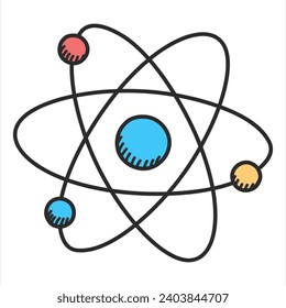 Atom doodle icon vector isolated. Hand-drawn illustration of an atom structure, concept of science and education. Molecule sketch.