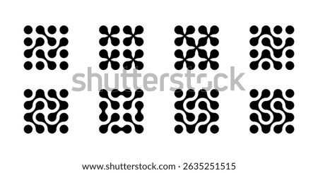 Atom dots connected in molecule structure pattern. Abstract circle shapes, collagen liquid drops. Medical tech metaball cells. Wavy merge fluid arrow, laboratory symbol. Dividing blob circuit cross