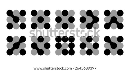 Atom dots connected in molecule structure pattern. Abstract circle shapes, collagen liquid drops. Medical tech metaball cells. Wavy merge fluid arrow, laboratory symbol. Dividing blob circuit cross
