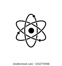 Atom drawn in black lines. With proton, neutron, electron and core. Isolated on white background. Flat style. Vector