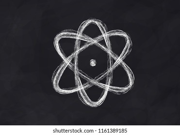 An atom drawn in chalk on a chalkboard