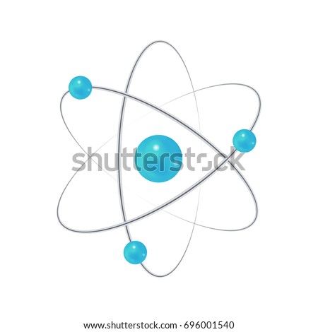 Atom. Electron, nucleus, neutron, proton sign. Educational vector illustration isolated on white background.