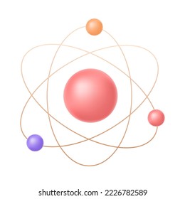 Átomo con electrones en órbita circular alrededor del icono del núcleo 3D. Modelo para la investigación científica con esferas 3D ilustración vectorial sobre fondo blanco. Física nuclear, energía y energía, concepto de innovación