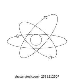 Atom with electrons, drawn with continuous line in minimalism, abstraction, concept of safe nuclear energy, chemistry, science, education, Atom for peace, one line, editable vector contour