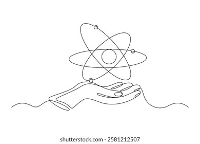 Atom with electrons and hand, drawn with continuous line in minimalism, abstraction, concept of safe nuclear energy, chemistry, science, education, Atom for peace, one line, editable vector contour