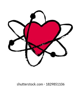 Atom with electrons in heart shape in flat cartoon design. Vector illustration. Symbol of the molecule or atom, isolated. Doodle grunge drawing. Energy sign. Chemical element symbol.